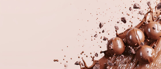 Action shot of chocolate chunks on a melted stream of chocolate. No text banner is ideal for your text. - obrazy, fototapety, plakaty