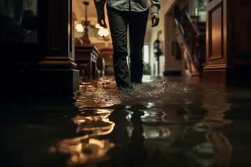 Flooded Floor From Water Leakage. Men's feet Stand on a flooded floor. the apartment was flooded. Water on the floor