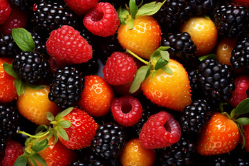 Fototapeta premium Berries background. Raspberries, blackberries and raspberries. ripe raspberries and blackberries texture background. summer healthy berries. top view. natural vitamins