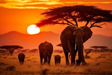 Fototapeta premium Majestic herd of elephants gracefully roaming the vast african savannah at golden sunset