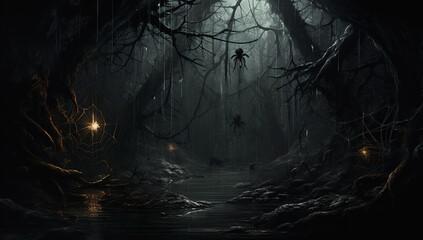 Dark creepy halloween forest with fog. Horror dark forest with scary tree. Halloween background - obrazy, fototapety, plakaty