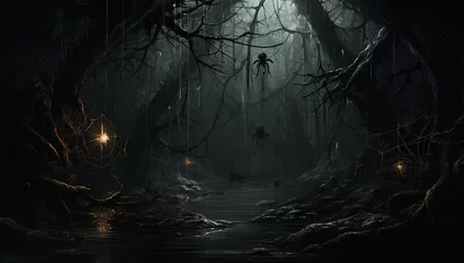 Tuinposter Dark creepy halloween forest with fog. Horror dark forest with scary tree. Halloween background © Nadezhda