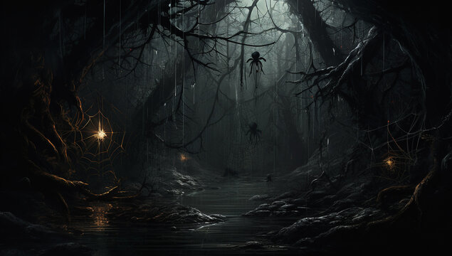 Dark creepy halloween forest with fog. Horror dark forest with scary tree. Halloween background