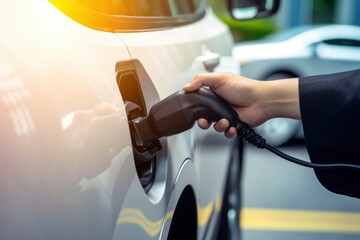 A person's hand inserting a charging plug into an electric car.