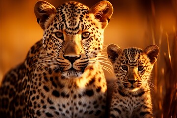 Leopards serene african savannah sanctuary. a majestic family basks in the warm sunset glow