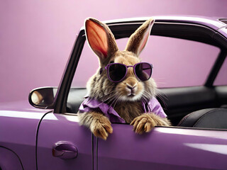 Rabbit wearing a purple jacket in sunglasses sitting in a purple car, cool funny rabbit background, generative ai