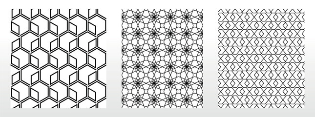 Geometric set of seamless black and white patterns. Simple vector graphics