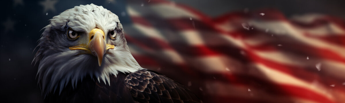 Majestic Bald Eagle banner with American flag concept graphic. Close-up intense portrait of the national bird of the United States.