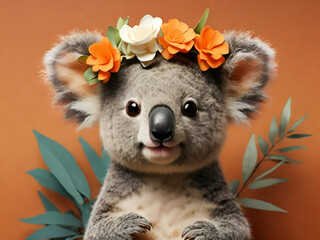 Fototapeta premium Cute baby koala with flower wreath on a brown background, closeup, adorable wildlife portrait, generative ai