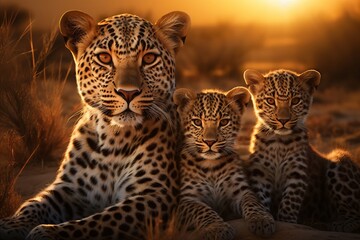 Majestic leopard family basking in the serene warmth of an african savannah sunset