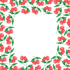 Hand drawn watercolor cherry with green leaves frame border isolated on white background. Can be used for cards, label and other printed products.