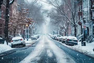 In the midst of an abnormally cold winter, the frozen street exudes an icy atmosphere, capturing the essence of bitter cold weather in a stark urban setting