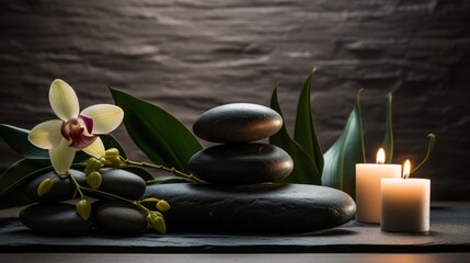Spa composition with towels, stones and flowers