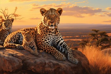 Breathtaking view of leopards relaxing in warm sunset glow across vast african savannah
