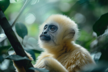 Obraz premium An inquisitive gibbon with large, expressive eyes gazes upwards amidst vibrant forest greenery.