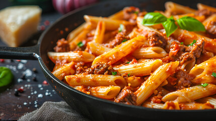 Beef penne pasta in tomato sauce in a black pan