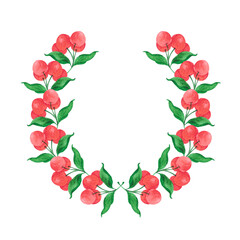 Fototapeta na wymiar Hand drawn watercolor cherry with green leaves wreath border isolated on white background. Can be used for cards, label and other printed products.
