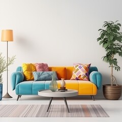 modern living room with sofa and white wall with space for painting or text, mockup