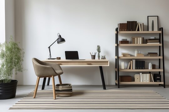 a modern and minimalist home office setup with a wooden desk, gray chair, bookshelf, and striped rug. The room has a white wall and a large window.