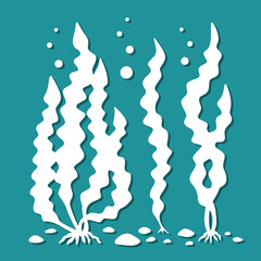 Set of algae silhouettes. Long wavy underwater plants, stones, bubbles. Kelp seaweed leaves. Template for plotter laser cutting of paper, wood carving, metal engraving, cnc. Vector illustration.