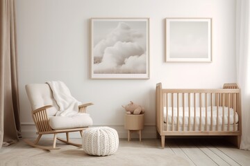 a nursery with a wooden crib, rocking chair, and framed cloud photographs on the wall. The color palette is neutral and the room is well-lit with natural light.