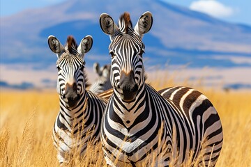 Majestic zebras gracefully roaming in the golden african savannah with vast expanse in background