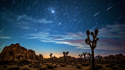 A mesmerizing meteor shower in the night sky above the iconic Joshua Tree landscape.