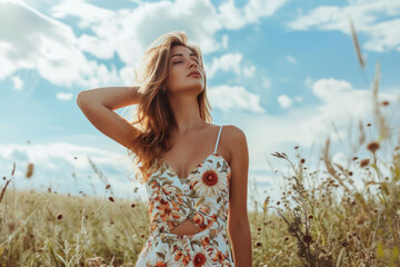 Beautiful caucasian young woman wearing a floral playsuit on sunny summer day
