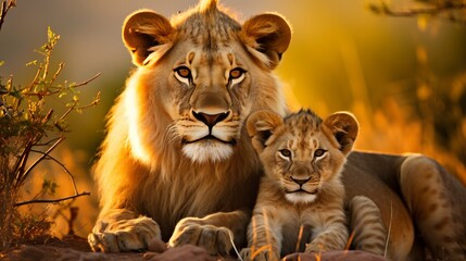 Golden serenity. majestic lion family resting in the beautiful african savannah as the sun sets