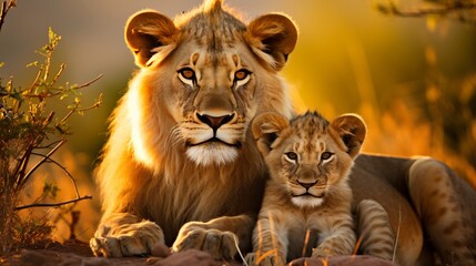 Fototapeta premium Golden serenity. majestic lion family resting in the beautiful african savannah as the sun sets