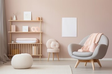 Minimalist living room with pastel colors, wooden furniture, and modern design elements. The room features a pouf and abstract art