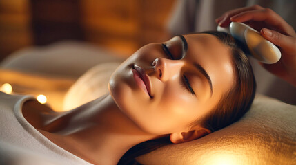The woman lies with her eyes closed and enjoys. Performs a relaxing and therapeutic suspended head massage. The spa client threw back her head and looked younger. Wellness treatments at the spa.