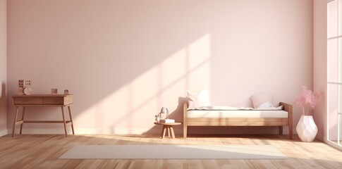 Minimalistic bedroom with wooden floor, white bed, desk, and pink accents. Sunlight streams in through window. A small stool and vase add to the decor