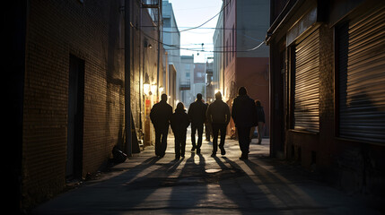 people on the back view walking in the alley. friend of gang wearing jacket walk. - Powered by Adobe