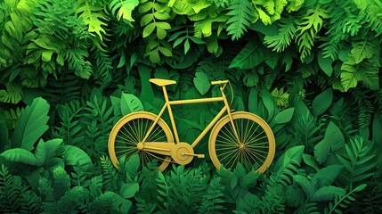 Fototapeta na wymiar Paper art and craft style of bicycle in a leaf frame over green background.