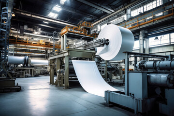 Automated equipment for paper production. Paper production plant. Machines that roll paper into rolls.