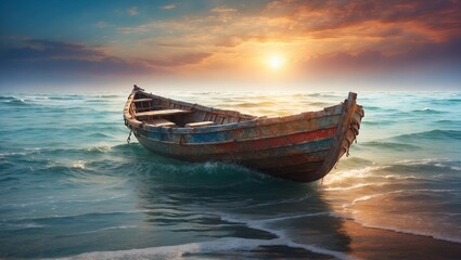 In the center of a vast, ethereal ocean, a vividly alive, yet decaying, singular dimensional dinghy stands out in the cinematic photograph.  - obrazy, fototapety, plakaty