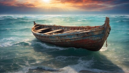 In the center of a vast, ethereal ocean, a vividly alive, yet decaying, singular dimensional dinghy...