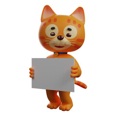 3D illustration. 3D Cat Character Design holding white paper. showing a cute smile. wearing a blue necklace. 3D Cartoon Character