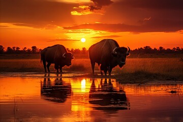 Fototapeta na wymiar Stunning view of buffaloes grazing serenely in the golden african savannah at sunset