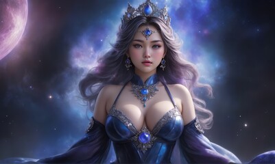 adorable lady as the celestial goddess cosmos with a regal presence, Adorned in robes woven from interstellar nebulas, her figure radiates cosmic hues of indigo violet