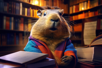 
Digital art of a capybara sitting in a library, humorously wearing glasses and appearing to read a book - obrazy, fototapety, plakaty