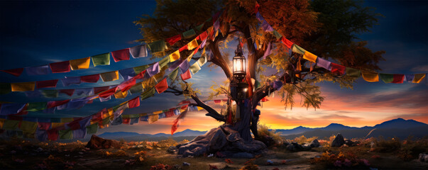Ancient tree, decorated with colorful prayer flags, rises majestically under moonlit sky, emitting a mystical aura against backdrop of mountain, clouds. Spiritual world, ancient traditions.