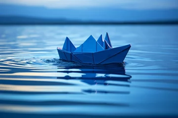 Poster blue paper boat. Generative AI © Steven