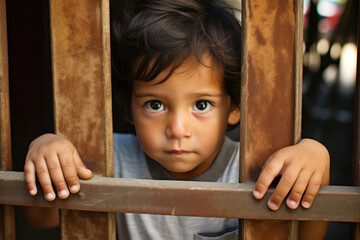 
Photo of a 3-year-old Mexican boy looking through his daycare's gate, feeling abandoned and sad