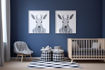 a modern nursery room with blue walls and a black and white checkered rug. The room features two paintings of deer heads, a crib, and a chair with an ottoman.