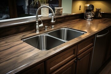 kitchen sink with faucet, multiple countertops, sinks, and faucets. Generative AI