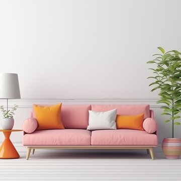 modern living room with sofa and white wall with space for painting or text, mockup