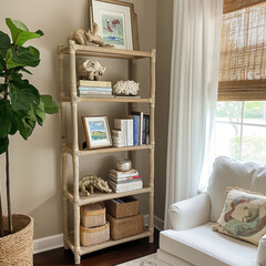 Chestnut Burlap 4-Shelf Book Tower: Reading Corner Oasis