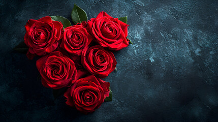 Red Roses arranged in a heart shape on dark background, copy space, generative ai